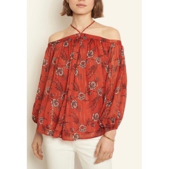 Euc Ann Taylor Petite Sp Red Floral Gold Metallic Stripe Off Shoulder Blouse Top